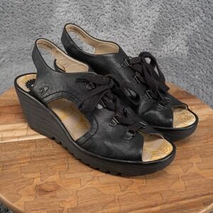 Fly London Ylfa Leather Lace Up Wedge Sandals Black Women's Sz 40 US 9 - 9.5 M